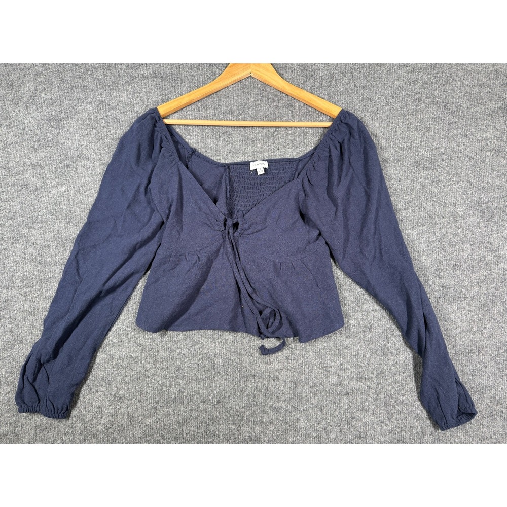 L.A. Hearts Crop Top Womens Small Blue Smocked Puff-Sleeve Tie-Front Peplum Hem